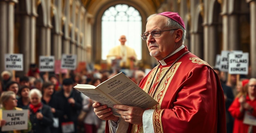 Katolicki biskup w tradycyjnych szatach liturgicznych trzyma Syllabus błędów w katedrze.