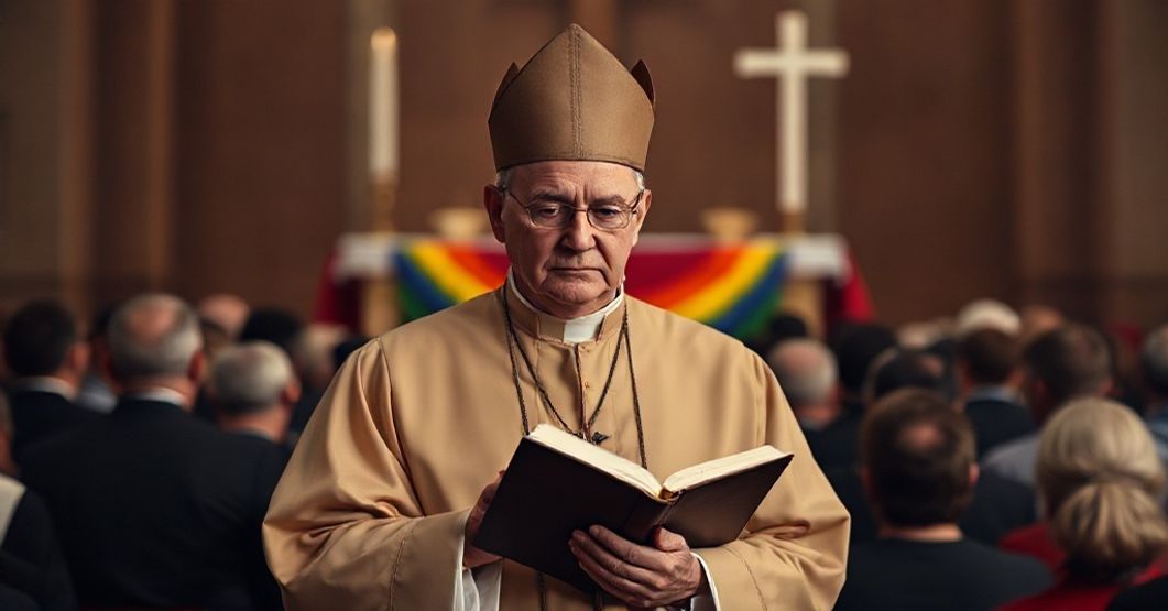 Biskup w tradycyjnych szatach kościelnych i modernistyczny ołtarz synkretyczny Ksiądz w tradycyjnych szatach kościelnych trzyma zamkniętą Biblię, symbolizując odrzucenie prawdziwego głoszenia ewangelii. Na tle rozmyte modernistyczne "ołtarz" ozdobiony symbolami ekumenizmu i flagą tęczową przedstawia synkretyzm nowo-modernizmu. Scena oświetlona poważnym, realistycznym światłem wydaje się duchowe kryzys i zdradę depozytu wiary.