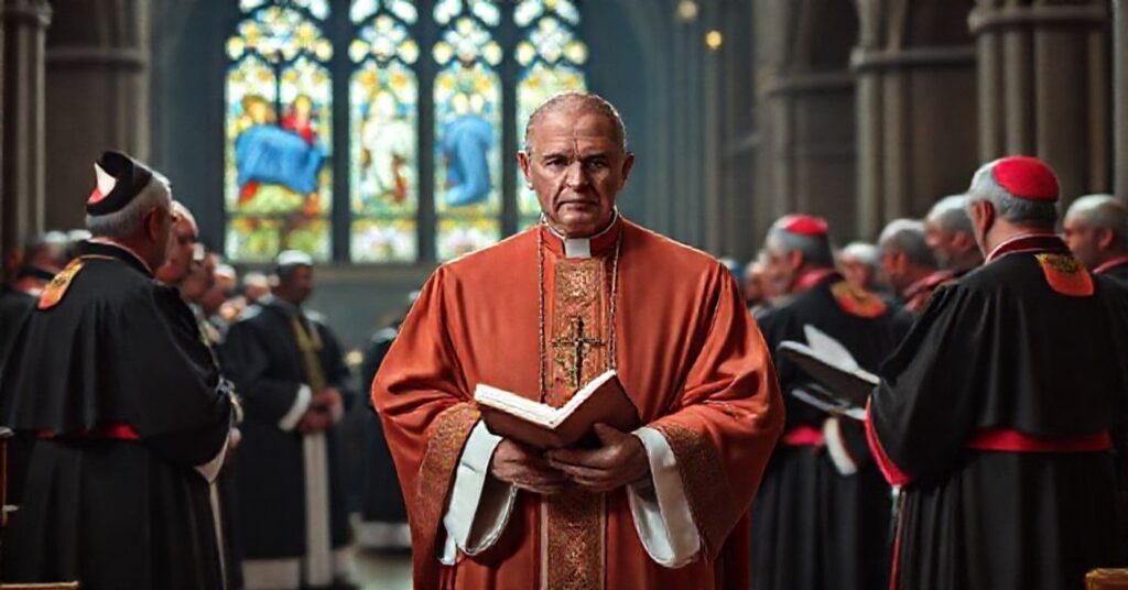 Tradycyjny biskup katolicki w pełnych liturgicznych szatach stoi przed grupą biskupów modernistycznych w stroju USCCB, trzymając księgę doktryny podczas gdy oni odraczają się w apostazji