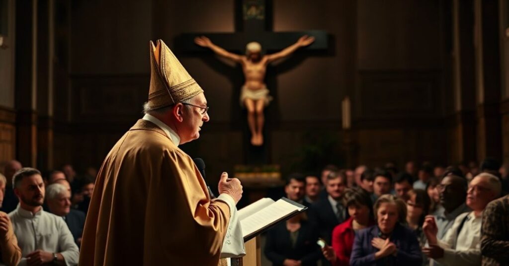 Biskup w tradycyjnych szatach liturgicznych przemawia w ciemnej kościelnej przestrzeni, podkreślając potrzebę duchowego odnowienia.