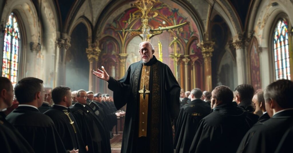 Tradycyjny katolicki biskup wygłasza pouczenie przed seminarianami w kaplicy o zagrożeniu homoseksualizmem w seminariach.