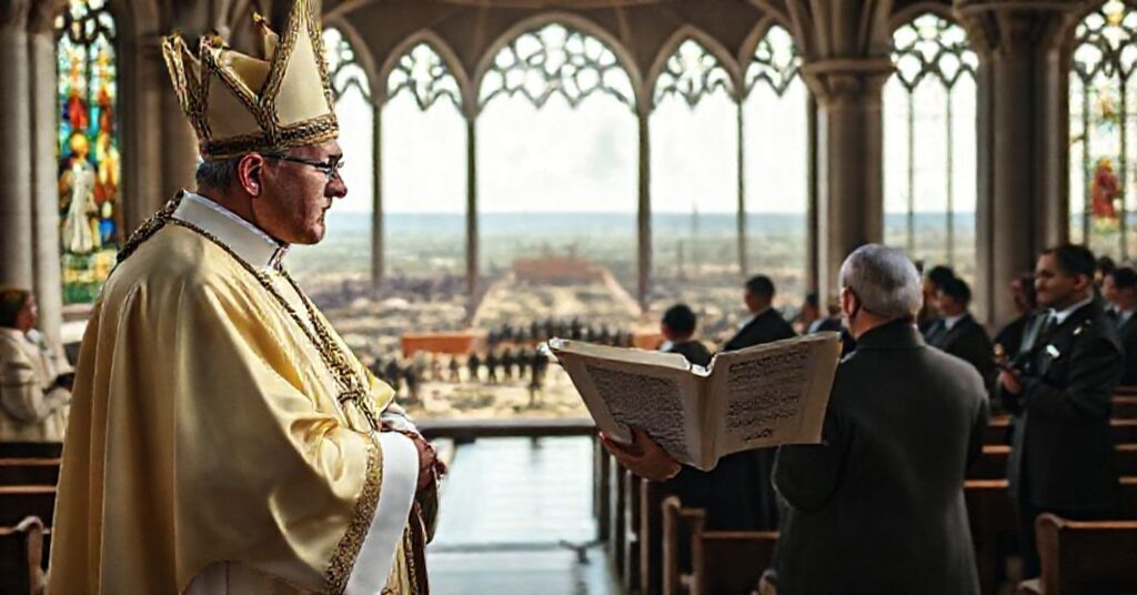 Biskup katolicki w tradycyjnych szatach liturgicznych trzymający encyklikę w katedrze z witrażami przedstawiającymi Chrystusa Króla na tle wojny i dyplomacji.