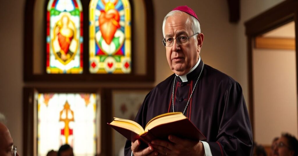 Biskup w tradycyjnych szata liturgicznych przemawiający z Biblią w rùkach w skromnym kościele.