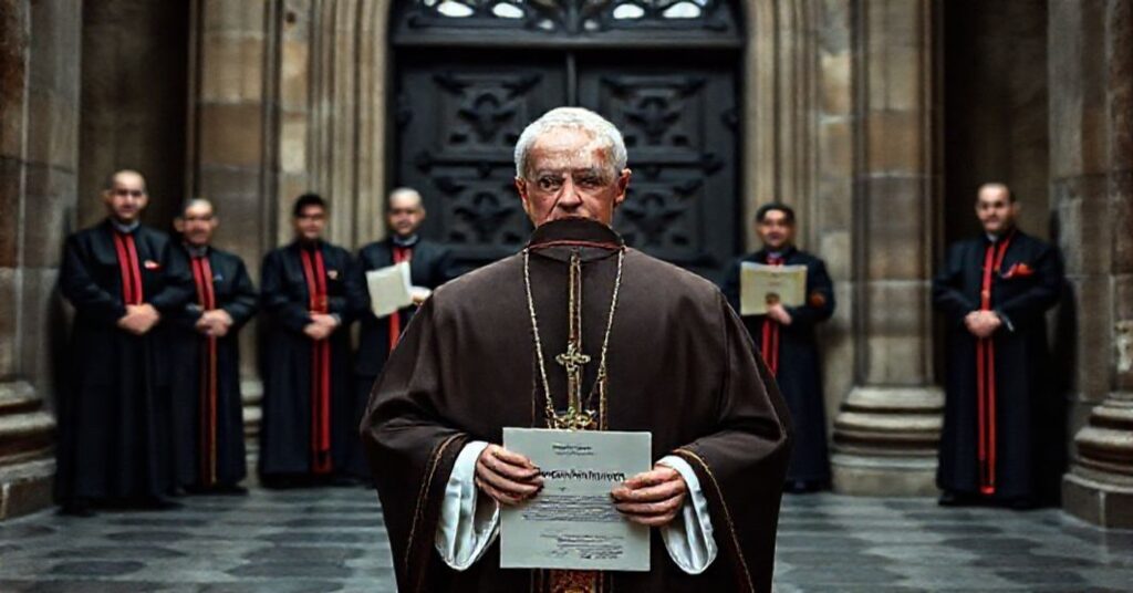 Biskup w tradycyjnych szatach liturgicznych stoi przed zamkniętymi bramami katedry w atmosferze smutku i rozpaczy.