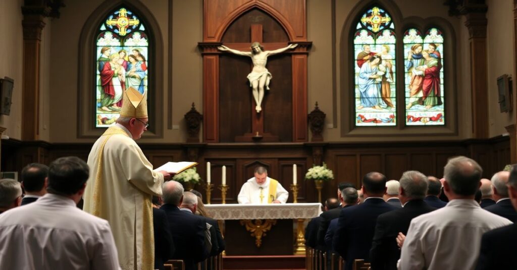 Biskup w pełnym stroju liturgicznym wygłaszający kazań w tradycyjnym kościele katolickim przed zebraniem wiernych
