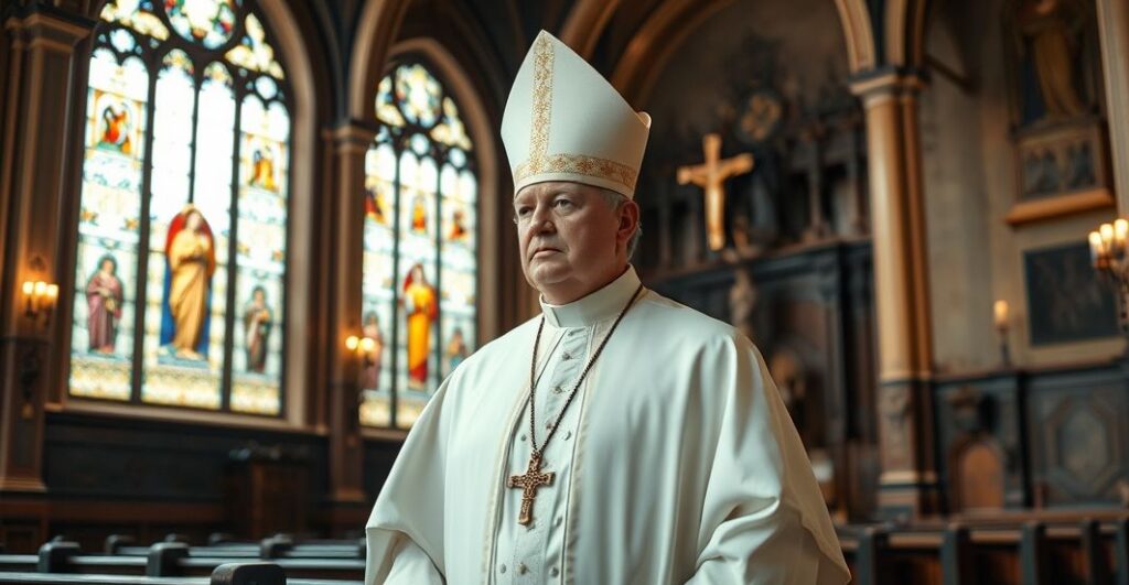 Biskup w tradycyjnym stroju liturgicznym w historycznym kościele, symbolizujący autentyczną wiarę katolicką w obliczu apostazji