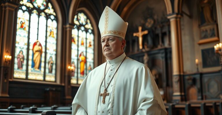 Biskup w tradycyjnym stroju liturgicznym w historycznym kościele, symbolizujący autentyczną wiarę katolicką w obliczu apostazji