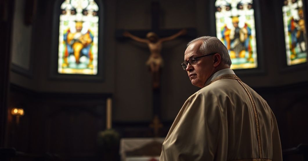 Biskup w liturgicznych szatach stojący przed krzyżem w tradycyjnym wnętrzu kościelnym, wyrażający powagę i troskę na tle sztuk szklarskich