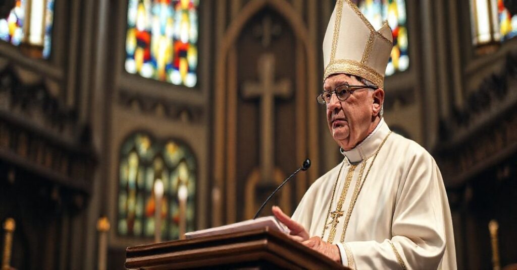 Szczytny biskup w tradycyjnym kościele katolickim wygłasza kazanie, podkreślając ważność wiary nad nauką i humanitaryzmem.