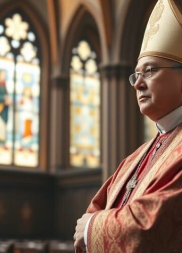 Biskup w Kościele - obrona tradycyjnej katolickiej nauki Biskup w tradycyjnym stroju w kościele, symbolizujący katolicką wierność i powagę wobec zagrożeń modernizmu