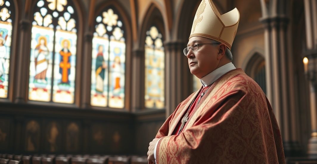 Biskup w Kościele - obrona tradycyjnej katolickiej nauki Biskup w tradycyjnym stroju w kościele, symbolizujący katolicką wierność i powagę wobec zagrożeń modernizmu