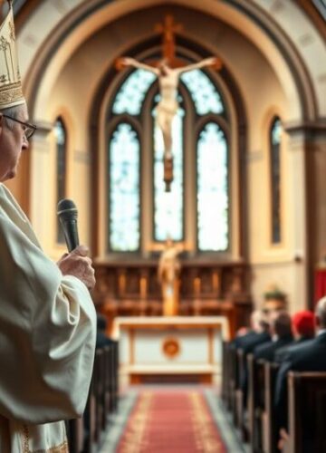 Biskup w tradycyjnej świątyni podczas kazania o zdradzie w Kościele Biskup w liturgicznym stroju podczas kazania w tradycyjnej katolickiej świątyni, podkreślający powagę i kontrowersje zdrady doktrynalnej