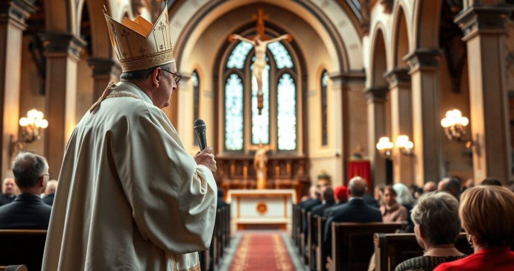 Biskup w liturgicznym stroju podczas kazania w tradycyjnej katolickiej świątyni, podkreślający powagę i kontrowersje zdrady doktrynalnej