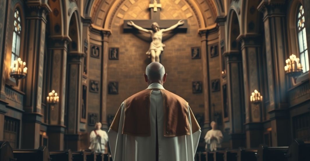 Biskup katolicki w tradycyjnej liturgii w kościele Biskup w tradycyjnych szatach katolickich przed krucyfiksem w starym kościele, wyraz powagi i niepokoju wobec kontrowersji w Kościele