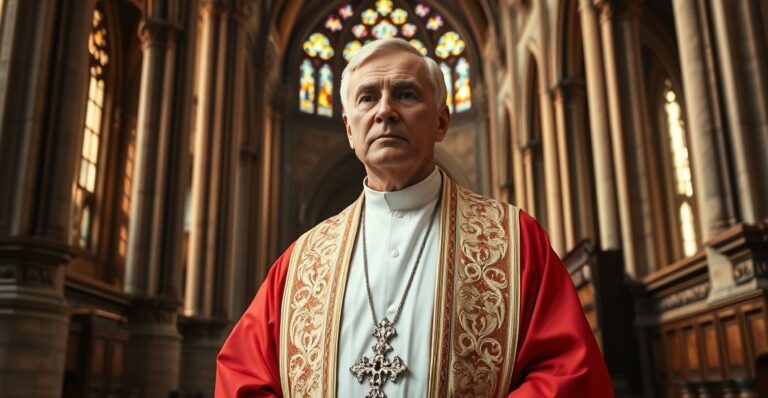 Biskup katolicki w tradycyjnych szatach, stojący w świątyni, wyrażający powagę i krytykę wobec modernistycznych tendencji w Kościele