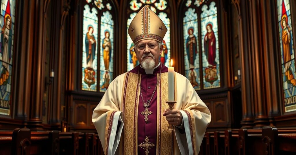 Szalony biskup w tradycyjnych szatach katolickich, w kościele z witrażami, trzymający świecę, symbolizujący pobożność i krytykę nowoczesnego kościoła
