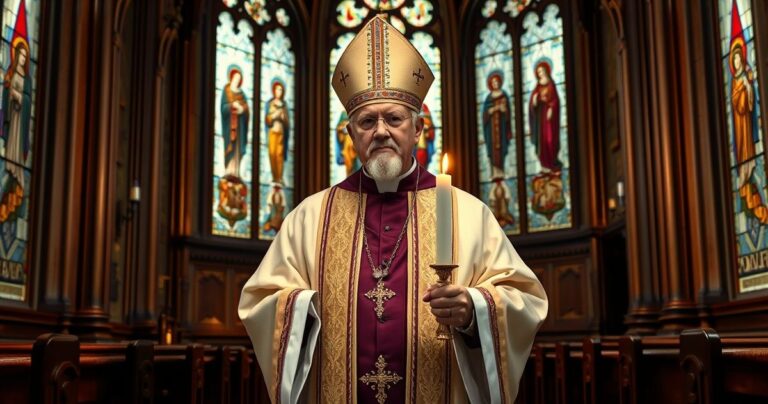 Szalony biskup w tradycyjnych szatach katolickich, w kościele z witrażami, trzymający świecę, symbolizujący pobożność i krytykę nowoczesnego kościoła
