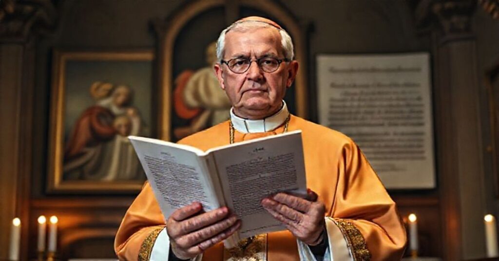 Tradycyjny katolicki biskup w liturgicznych szatach stoi w ciemnym kaplicy. W ręku trzyma list o małżeństwie i rodzinie