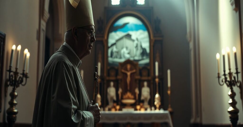 Biskup katolicki w tradycyjnym stroju liturgicznym stał w kaplicy przed ołtarzem z krzyżem w ręku.