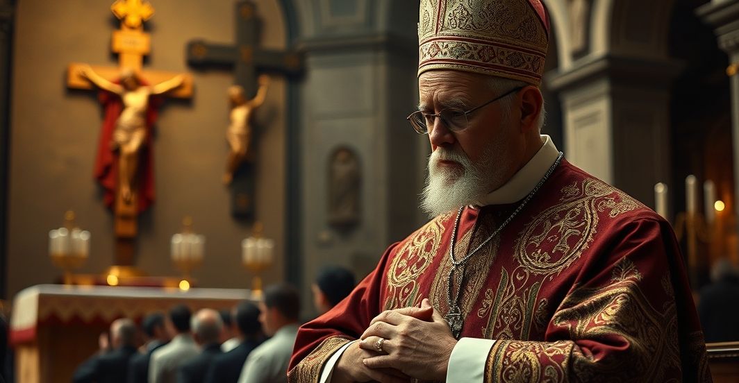 Biskup w tradycyjnym stroju katolickim modli się w świątyni, wyraz twarzy pełen powagi i krytyki wobec modernistycznej teologii i aktywizmu politycznego