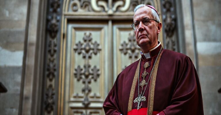 Tradycyjny biskup w szatach liturgicznych stojący przed drzwiami kościoła, symbolizujący opór wobec synodalnego zniekształcenia neo-kościoła.