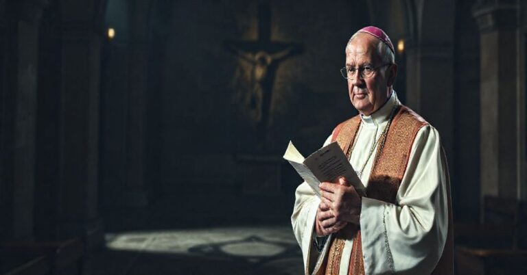 Biskup katolicki w tradycyjnych szatach kościelnych trzyma dokument Nostra aetate na tle wizerunku Ukrzyżowania, symbolizujący spór doktrynalny z judaizmem