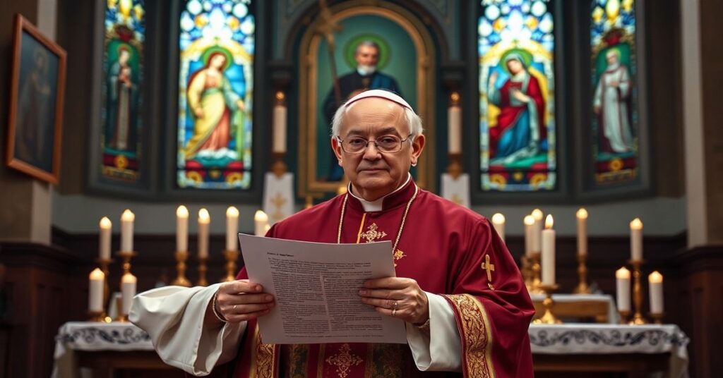 Tradycyjny biskup w tradycyjnym stroju liturgicznym stojący przed ołtarzem z ikoną Matki Bożej z Jasnej Góry. Scena przedstawia wnętrze kościoła z witrażami ukazującymi Chrystusa Króla.