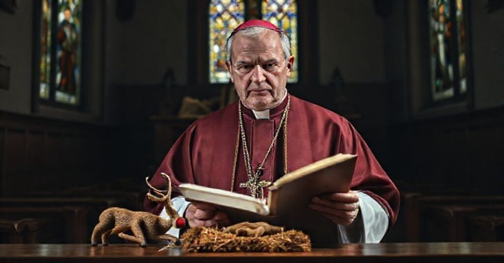 Biskup w liturgicznym stroju before tradycyjnym ołtarzem z przygodowym sceną Bożego Narodzenia, patrząc z powagą na figurkę rennifera jako symbolu nowoczesnej herezji