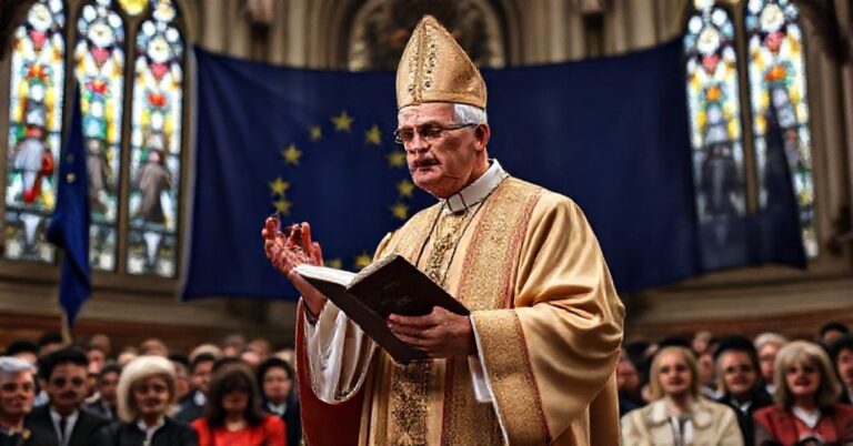 Biskup w tradycyjnym stroju liturgicznym przy znaku Komisji Konferencji Episkopatów Unii Europejskiej