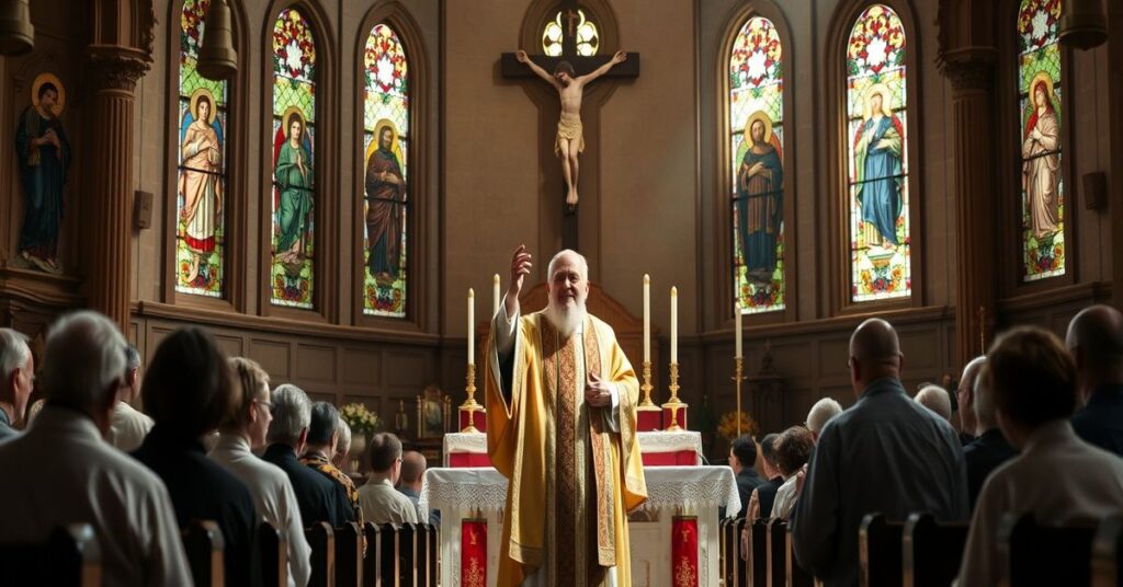 Biskup w tradycyjnym stroju liturgicznym protestuje przeciwko modernistycznym reformom w kościele tradycyjnego rytu katolickiego