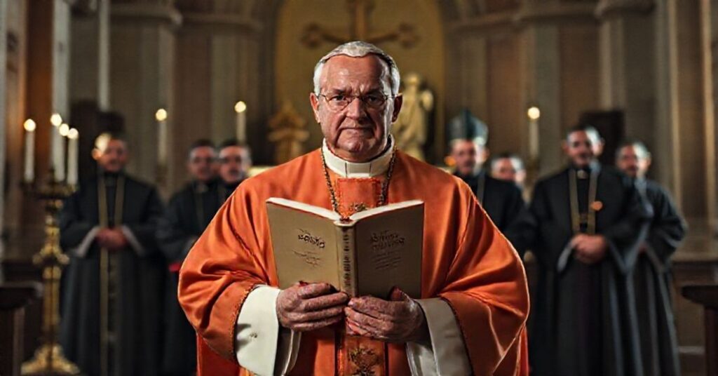 Tradycyjny katolicki biskup w pełnych szatach liturgicznych stoi przed ołtarzem kościoła z księgą 'Quas primas'. Na tle widoczni są rozmyci nowoczesni 'biskupi' w prostych szatach duchownych.