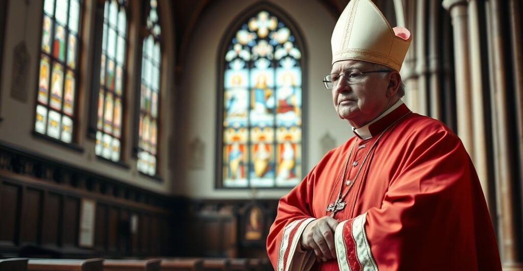 Biskup w tradycyjnym stroju katolickim modli się w sakralnym wnętrzu kościoła, wyrażając głęboką pobożność i wierność naukom Kościoła