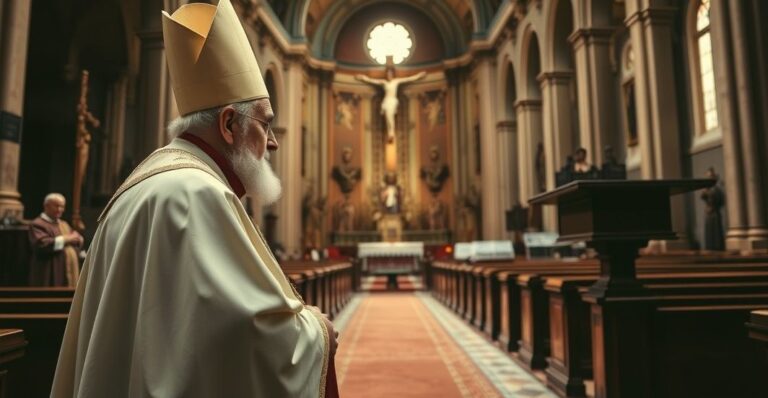 Biskup w tradycyjnym stroju katolickim w starożytnej świątyni, symbolizujący krytykę modernistycznego katolicyzmu i odwołanie do tradycyjnej wiary