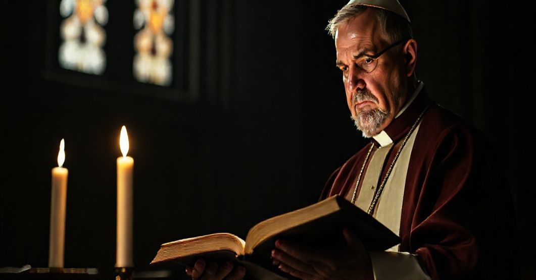 Tradycyjny biskup katolicki w świetle świecy trzymający Biblię, symbolizujący walkę z herezjami współczesnego Kościoła