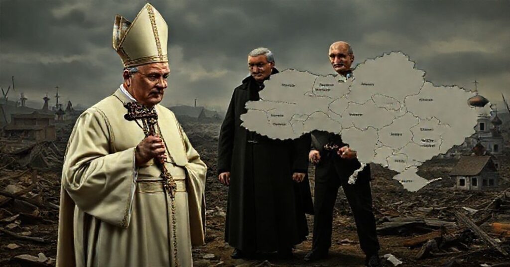 Biskup katolicki w tradycyjnych strojach modlący się nad mapą Ukrainy w towarzystwie symbolicznych postaci Putina i zachodnich przywódców.