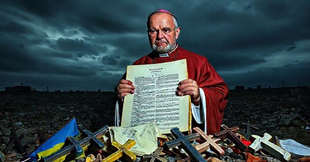Biskup w tradycyjnych ornatach stojący przed zniszczoną Ukrainą z dokumentem Quas Primas w ręku przed ultimatum Trumpa