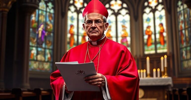 Tradycyjny biskup w pełnym stroju liturgicznym trzyma dokument USCCB dotyczący fałszywych twierdzeń o opiece potwierdzającej płeć