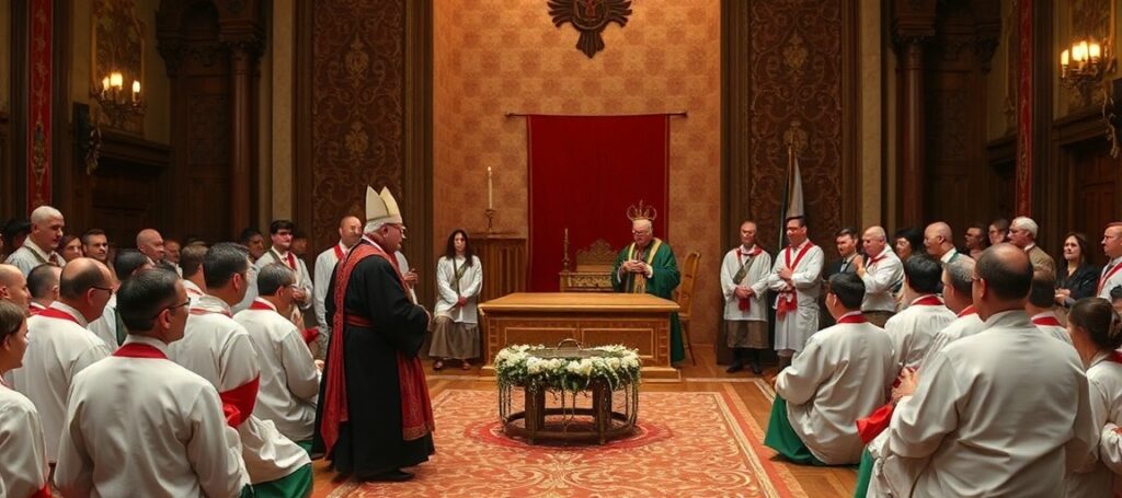Biskup Varden prowadzi rekolekcje w Watykanie, otoczony pustką duchową i symbolami neokościoła.