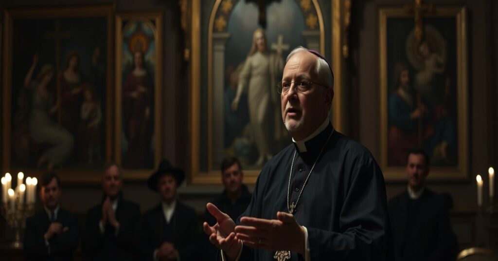 Biskup Erik Varden wygłasza kazanie podczas rekolekcji w Watykanie w 2026 roku, otoczony członkami Kurii Rzymskiej. Scena jest poważna i symbolizuje ukrytą apostazję w Kościele.