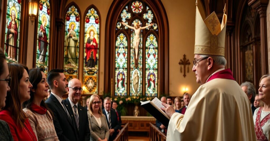 Biskup Erik Varden wygłasza kazanie w tradycyjnej kaplicy katolickiej, podkreślając nieobecność nauki o królestwie Chrystusa w jego nauczaniu.