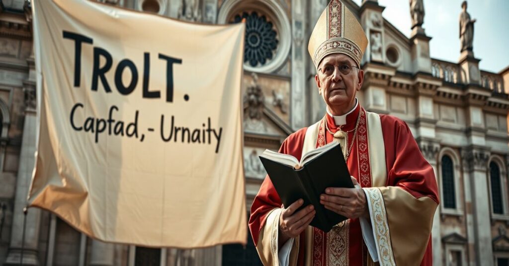 Tradycyjny biskup w uroczystych szatach liturgicznych stoi przed starożytną rzymską bazyliką, trzymając zamkniętą księgę symbolizującą niezmienione prawdy wiary. W tle słabo macha się wyblakły transparent z modernistycznymi hasłami.