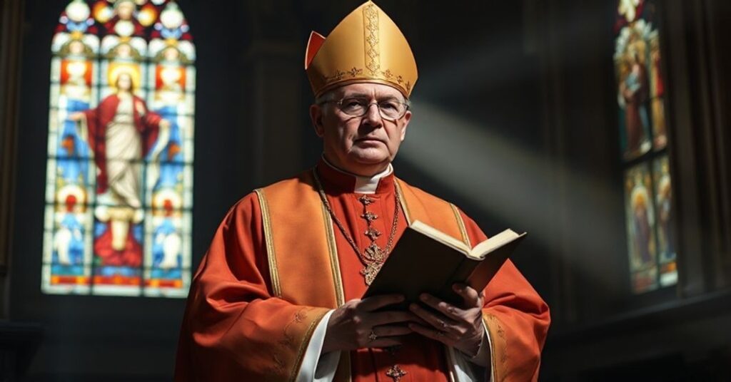 Tradycyjny katolicki biskup w pełnej liturgicznej szacie, trzymający brewiarz w ciemnym kościele z promieniami słońca przez witraże przedstawiające Chrystusa Króla.