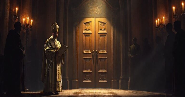 Biskup w tradycyjnych szatach liturgicznych stoi przed zamkniętymi drzwiami katedry z zamkniętym dokumentem - symbolizuje oderwanie hierarchii od wiernych.