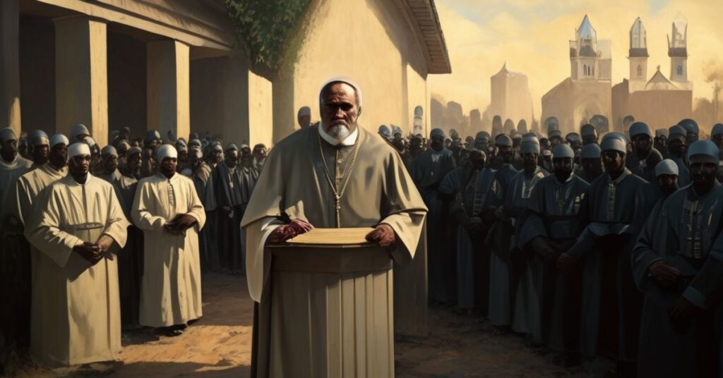Biskup katolicki w tradycyjnych szatach liturgicznych stoi przed kościołem w Gwinei Równikowej, z poważną twarzą i skupionym wyrazem.