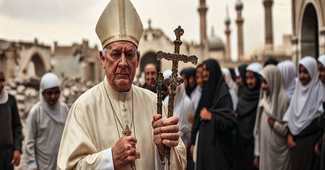 Katolicki biskup w tradycyjnych szata liturgicznych wśród muzułmanów w Iraku.