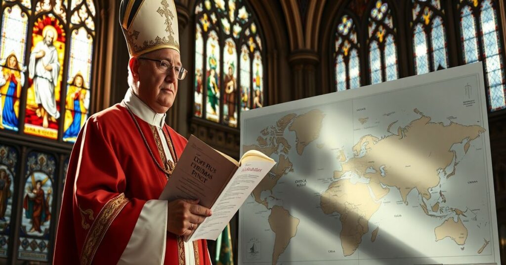 Tradycyjny biskup katolicki w pełnym stroju liturgicznym w katedrze z witrażami przedstawiającymi Chrystusa Króla.