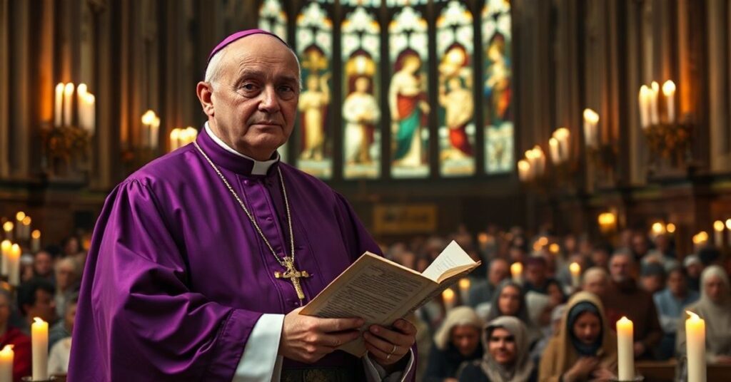 Tradycyjny katolicki biskup w purpurowych szatach stoi w katedrze z encykliką Quas primas, kontrastując z herezją 'Leona XIV' o miłości bliźniego.