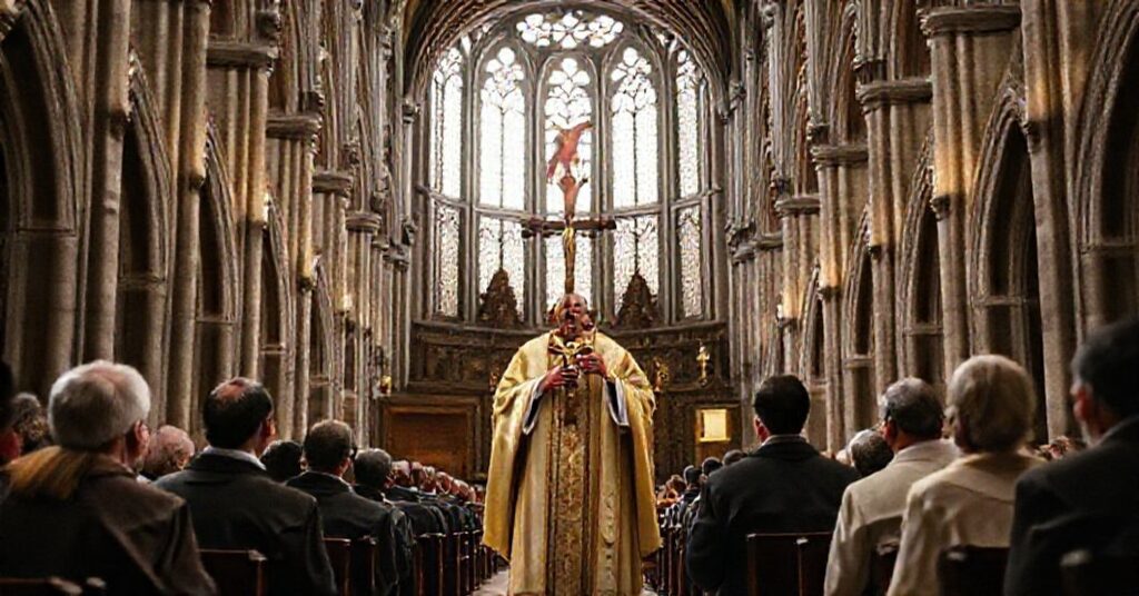 Tradycyjny biskup katolicki w pełnym stroju liturgicznym na kazaniu w katedrze w Stambule, symbolizujący prawdziwe królestwo Chrystusa