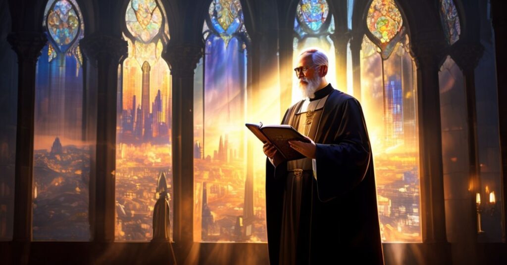 Biskup w tradycyjnych szatach liturgicznych stojący w katedrze, trzymający Biblię, patrzący na miasto