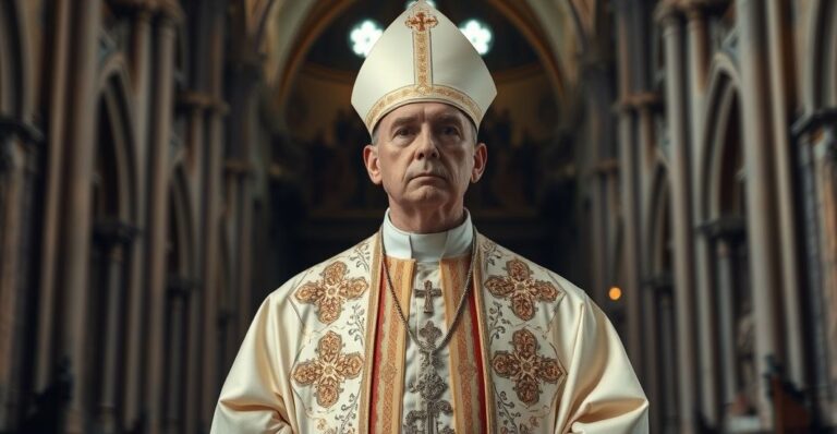 Fotografia realistycznego biskupa katolickiego w tradycyjnym stroju, stojącego w katedrze, symbolizującego wierność doktrynie i opór wobec modernistycznych wpływów